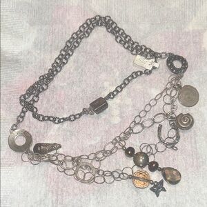 Multi-Chain 925 Silver Natural Pearls & Glass Charm  Pendant Necklace